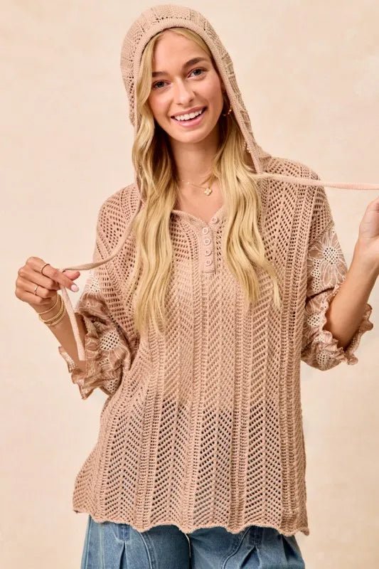 BiBi Jacquard Flower Puff Sleeve Hooded Knit Top