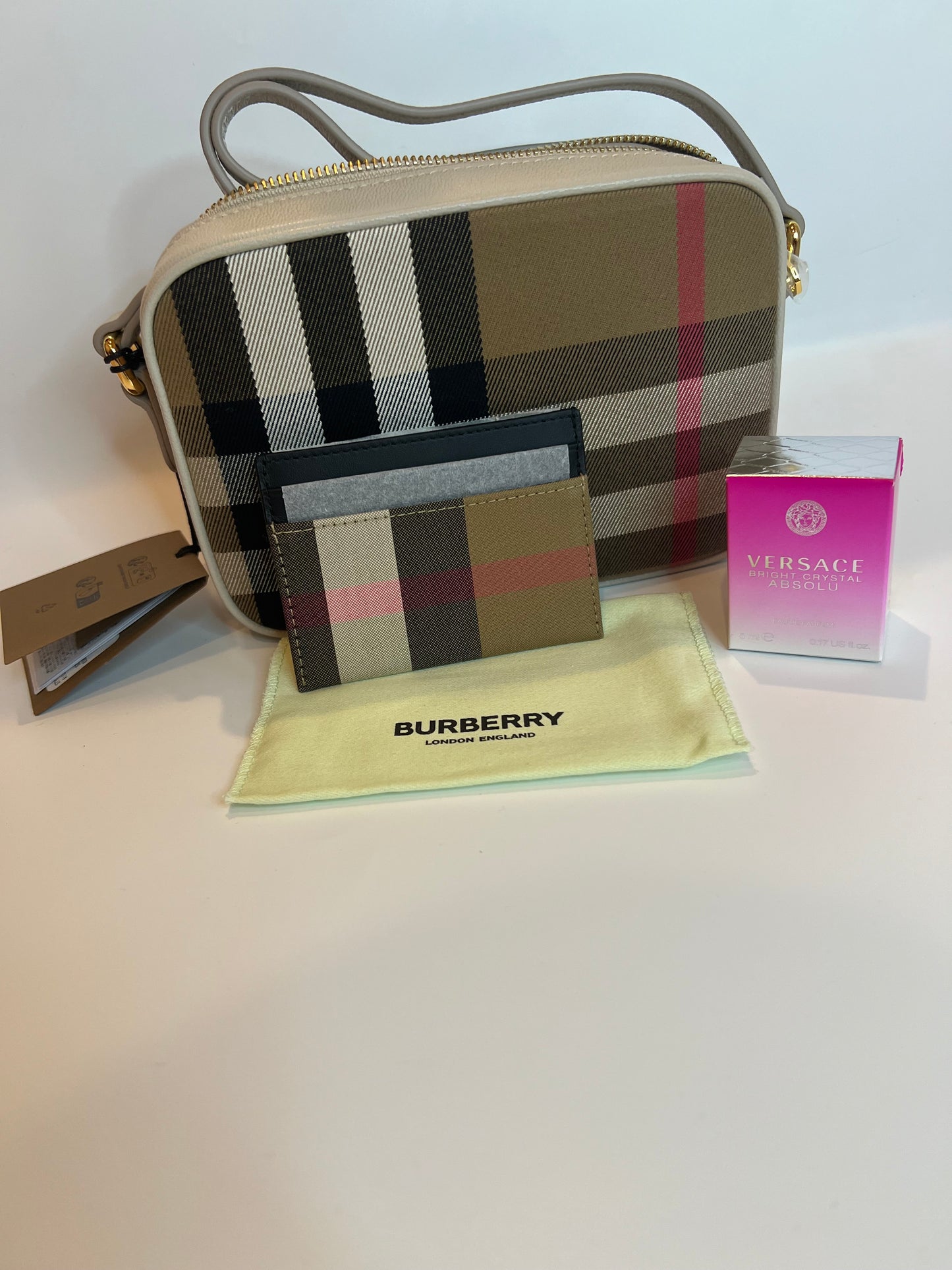 Authentic Burberry check crossbody and card holder bundle