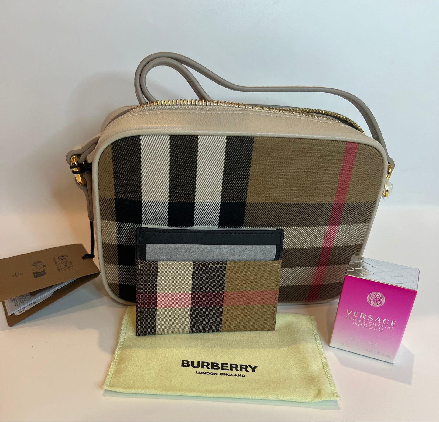 Authentic Burberry check crossbody and card holder bundle