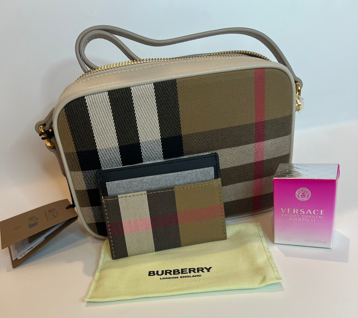 Authentic Burberry check crossbody and card holder bundle