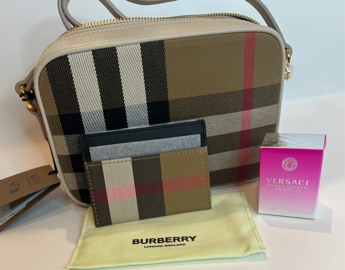 Authentic Burberry check crossbody and card holder bundle